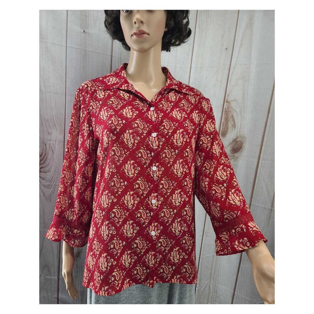 Liz Claiborne PL Semi-Sheer Crinkle Chiffon Blouse Button L. Sleeves Ruffle Cuff
